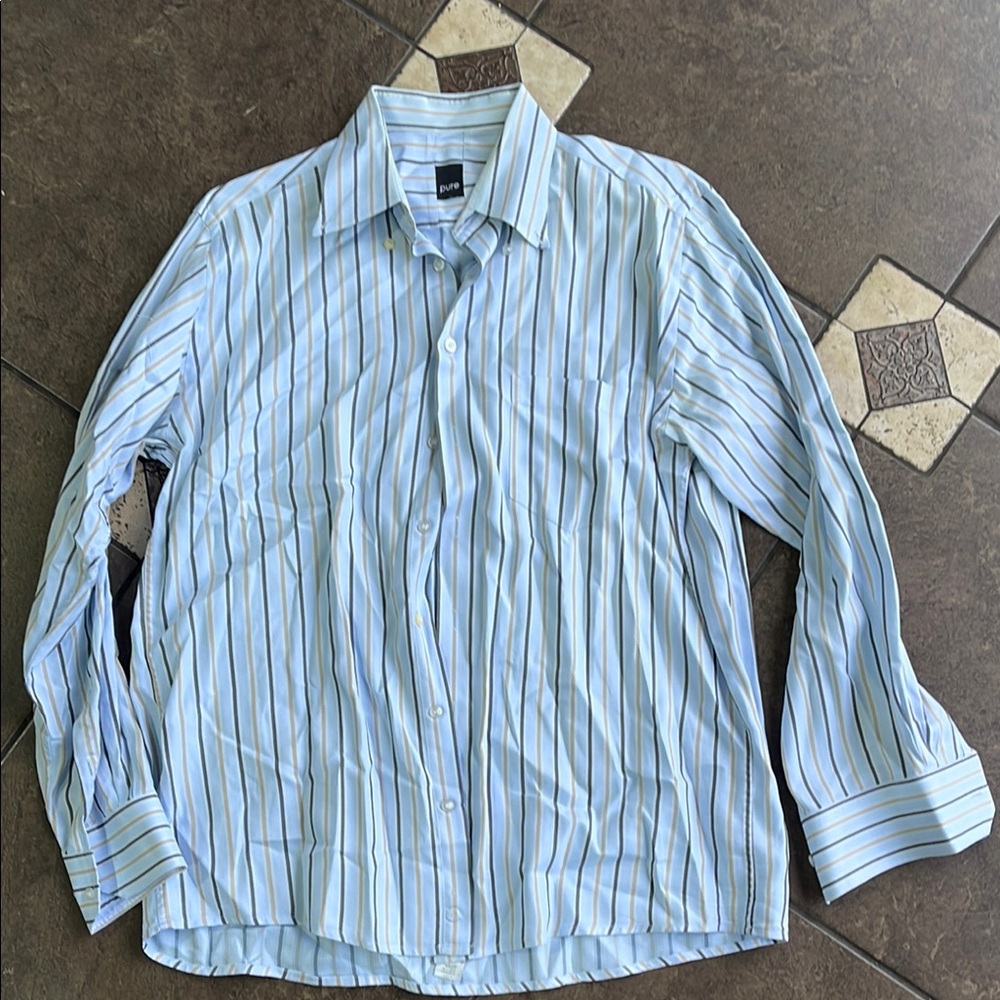 Pur Blue and White Striped Casual Button Down Shirt